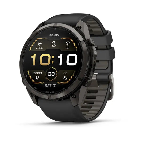 Garmin fēnix 9 Pro – smartwatch, 51 mm, Tytanowy w kolorze Carbon Gray z powłoką (DLC) z silikonowym paskiem w kolorze Black / Pebble Gray