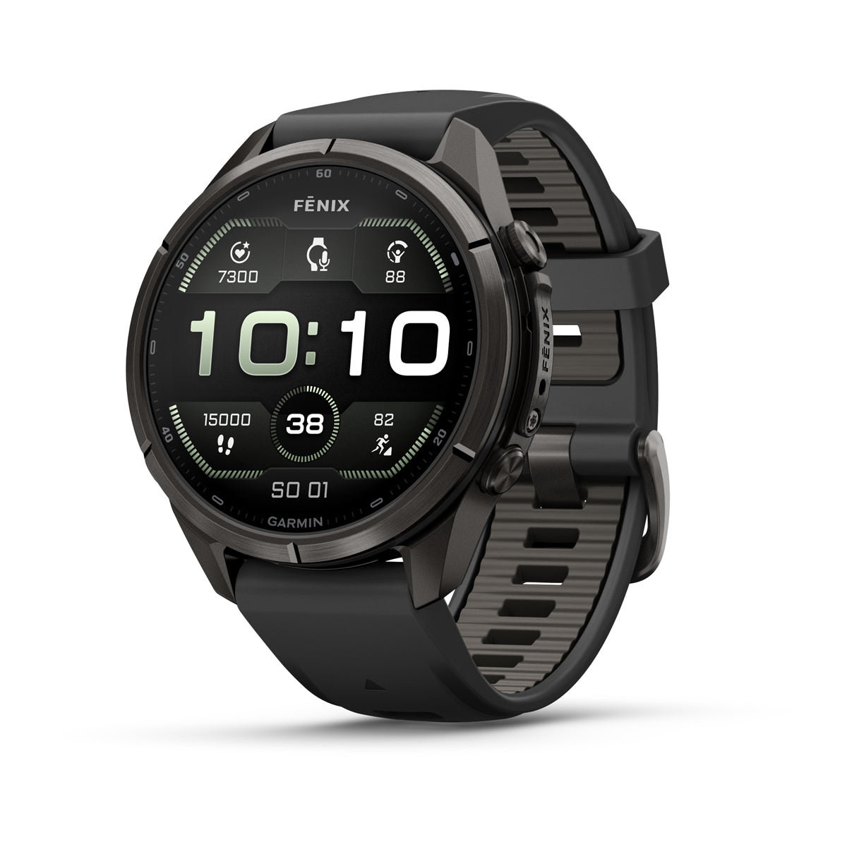 Garmin fēnix 9 Pro – inReach®, 43 mm, Tytanowy w kolorze Carbon Gray z powłoką (DLC) z silikonowym paskiem w kolorze Black / Pebble Gray