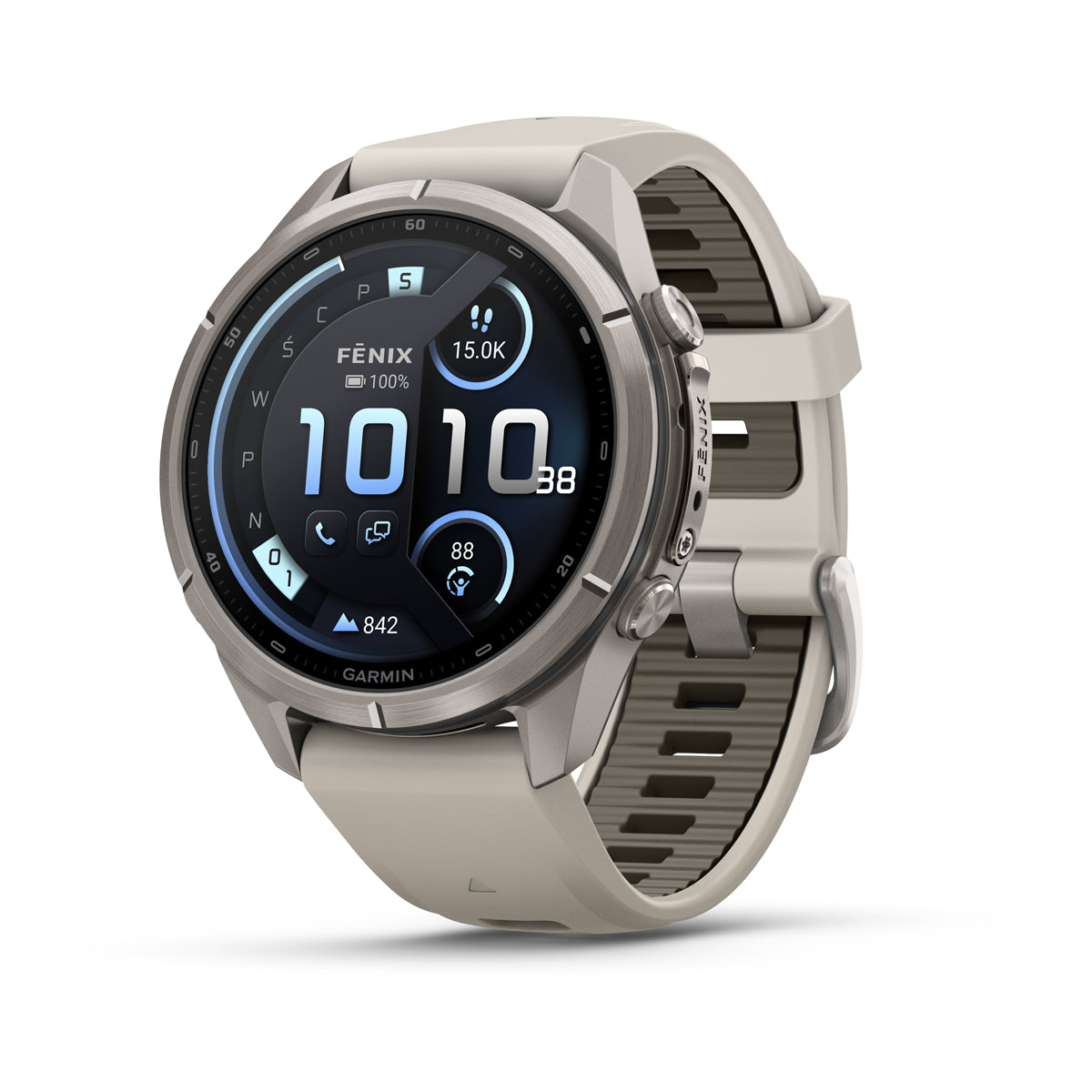 Garmin fēnix 9 Pro – inReach®, 43 mm, Tytanowy z silikonowym paskiem w kolorze Fog Gray / Dark Sandstone
