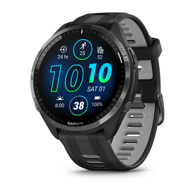 Garmin Forerunner 965 Szara ramka tytanowa z powłoką węglową DLC z czarną kopertą i czarnym/jasnoszarym silikonowym paskiem