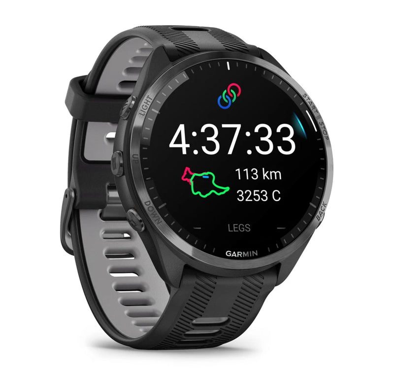 Garmin Forerunner 965 Szara ramka tytanowa z powłoką węglową DLC z czarną kopertą i czarnym/jasnoszarym silikonowym paskiem