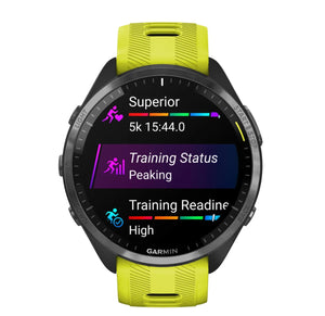 Garmin Forerunner 965 Szara ramka tytanowa z powłoką węglową DLC z czarną kopertą z jaskrawożółtym/czarnym silikonowym paskiem