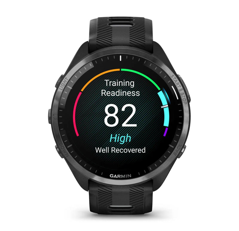 Garmin Forerunner 965 Szara ramka tytanowa z powłoką węglową DLC z czarną kopertą i czarnym/jasnoszarym silikonowym paskiem
