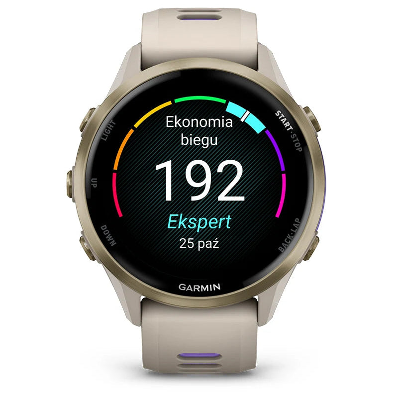 Garmin Forerunner 970 Tytanowy w kolorze Soft Gold z kopertą w kolorze French Grey i półprzezroczystym paskiem w kolorze French grey/Indygo