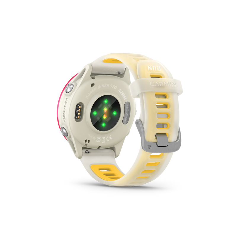 Garmin Forerunner 570 - 42mm Aluminiowy w kolorze Raspberry z półprzezroczystym paskiem w kolorze Bone/Mango