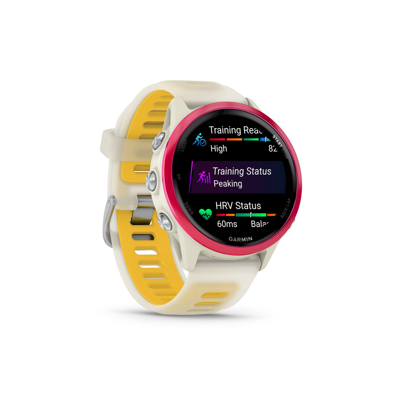 Garmin Forerunner 570 - 42mm Aluminiowy w kolorze Raspberry z półprzezroczystym paskiem w kolorze Bone/Mango