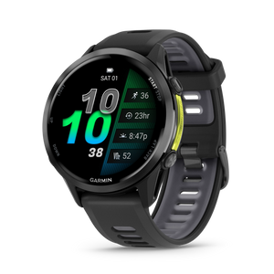Garmin Forerunner 970 Tytanowy w kolorze Carbon Grey (DLC) z kopertą w kolorze Black i półprzezroczystym paskiem w kolorze Black/Whitestone
