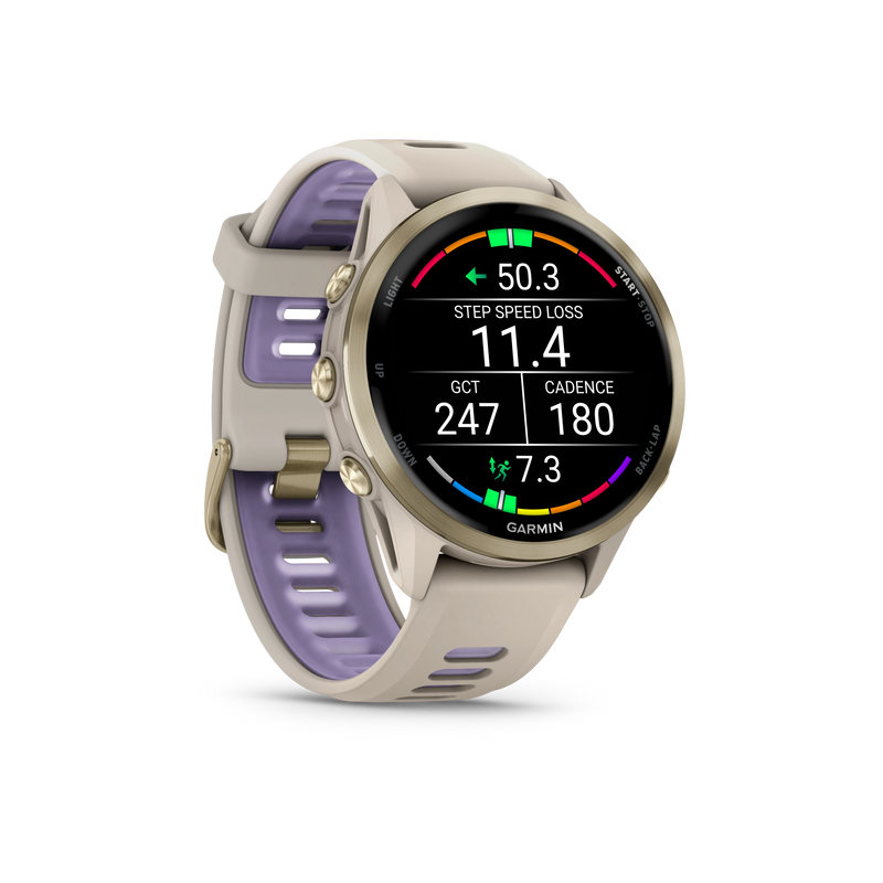 Garmin Forerunner 970 Tytanowy w kolorze Soft Gold z kopertą w kolorze French Grey i półprzezroczystym paskiem w kolorze French grey/Indygo