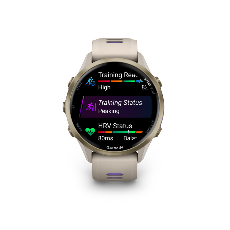 Garmin Forerunner 970 Tytanowy w kolorze Soft Gold z kopertą w kolorze French Grey i półprzezroczystym paskiem w kolorze French grey/Indygo