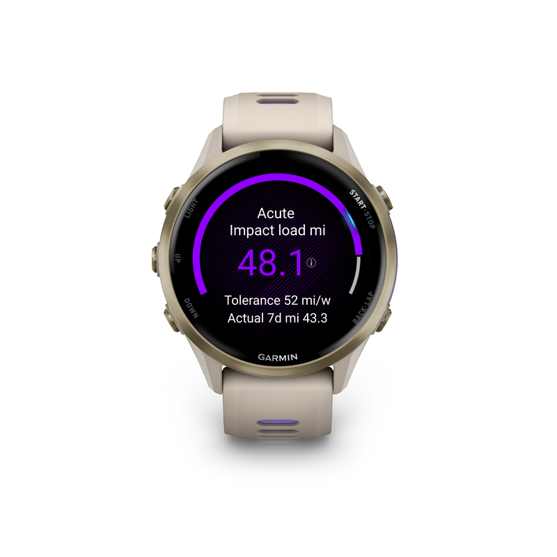 Garmin Forerunner 970 Tytanowy w kolorze Soft Gold z kopertą w kolorze French Grey i półprzezroczystym paskiem w kolorze French grey/Indygo