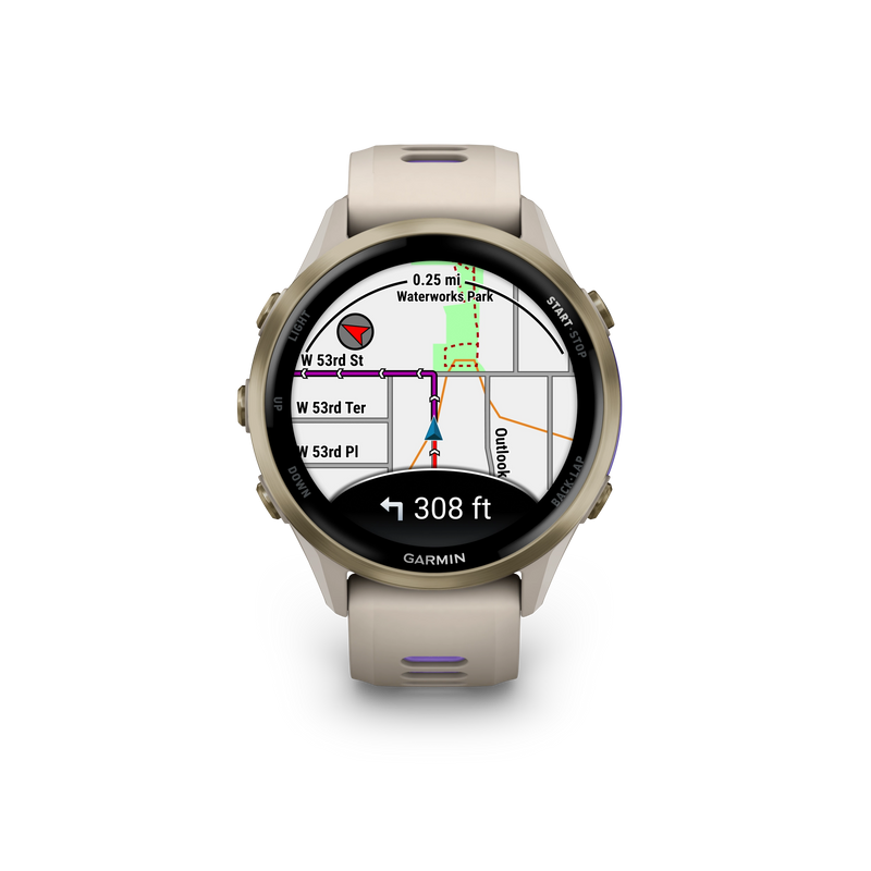 Garmin Forerunner 970 Tytanowy w kolorze Soft Gold z kopertą w kolorze French Grey i półprzezroczystym paskiem w kolorze French grey/Indygo