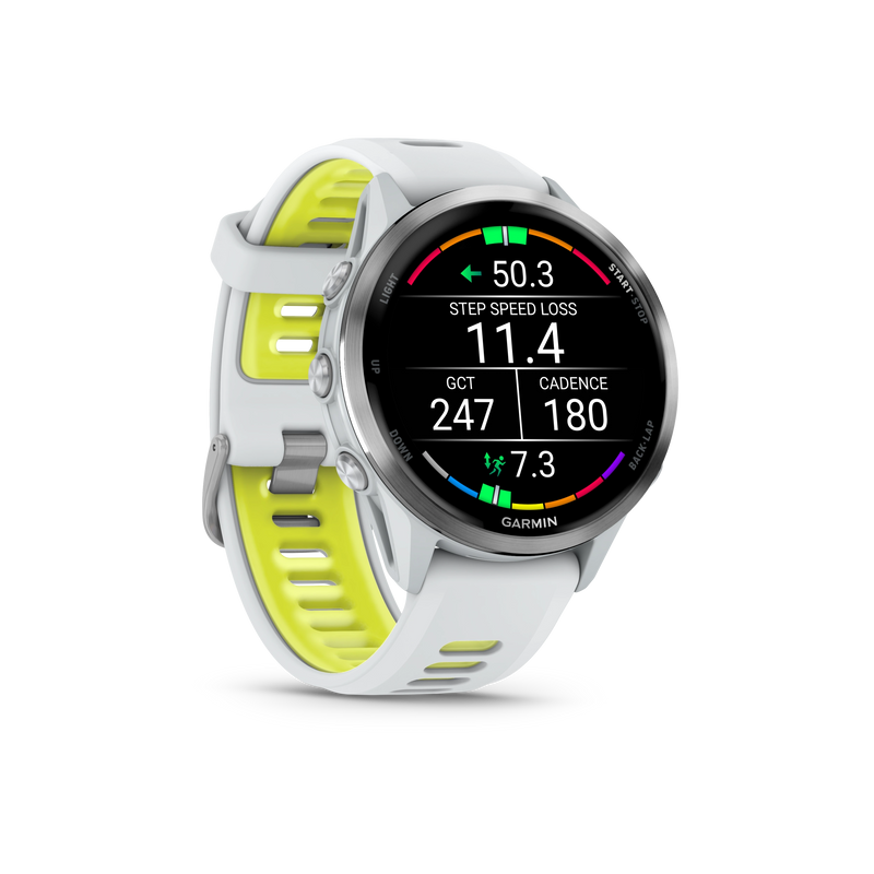 Garmin Forerunner 970 Tytanowy z kopertą w kolorze Whitestone i półprzezroczystym paskiem w kolorze Whitestone/Amp yellow