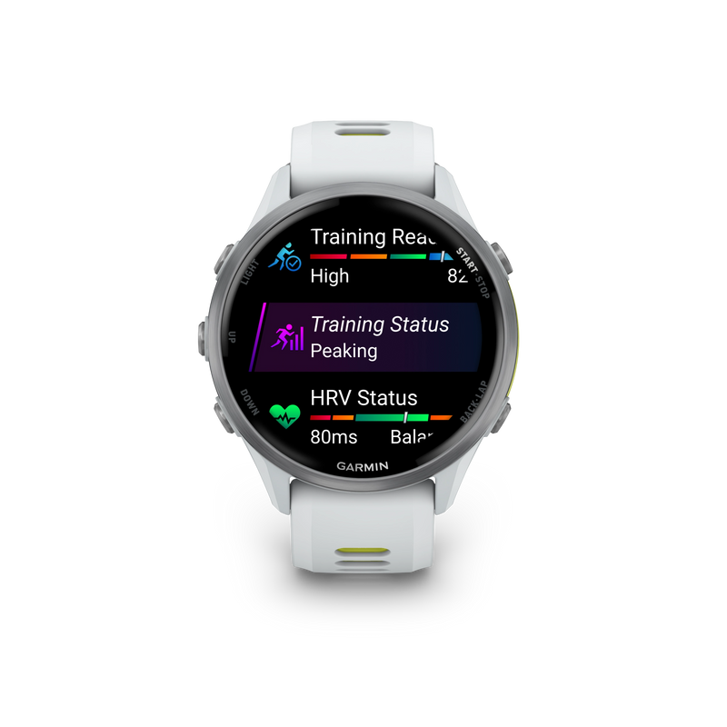 Garmin Forerunner 970 Tytanowy z kopertą w kolorze Whitestone i półprzezroczystym paskiem w kolorze Whitestone/Amp yellow