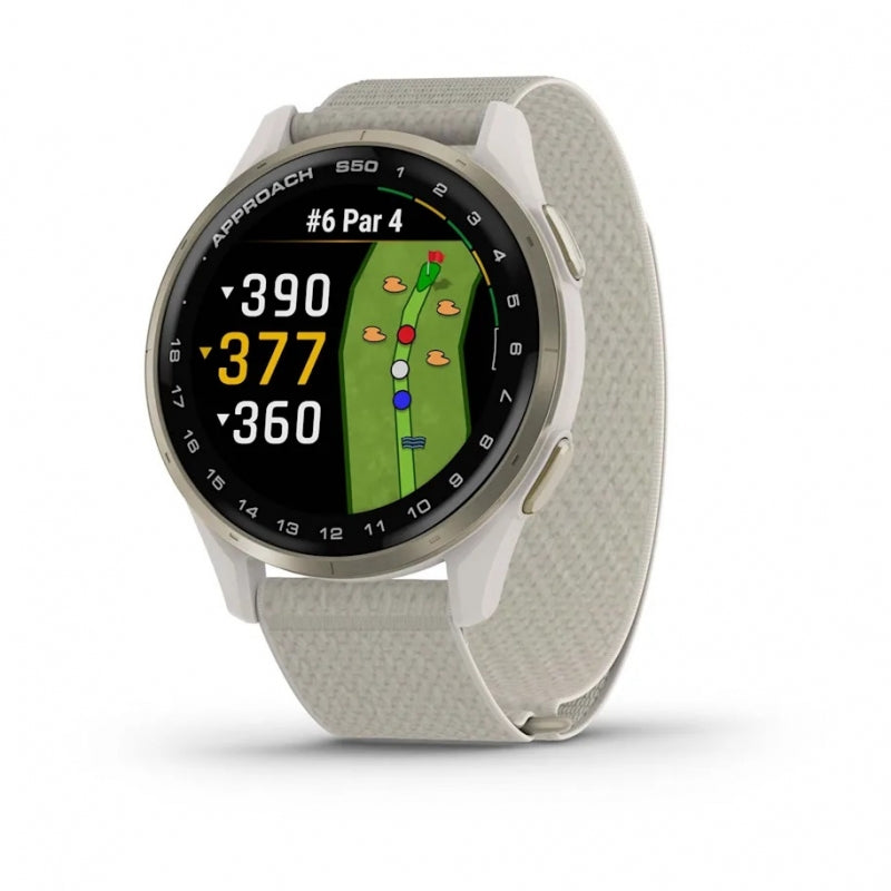 Garmin Approach S50 Aluminiowy bezel w kolorze Cream Gold z nylonowym paskiem ComfortFit w kolorze Ivory