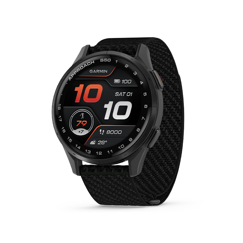 Garmin Approach S50  Aluminiowy bezel w kolorze Slate z czarnym, nylonowym paskiem ComfortFit