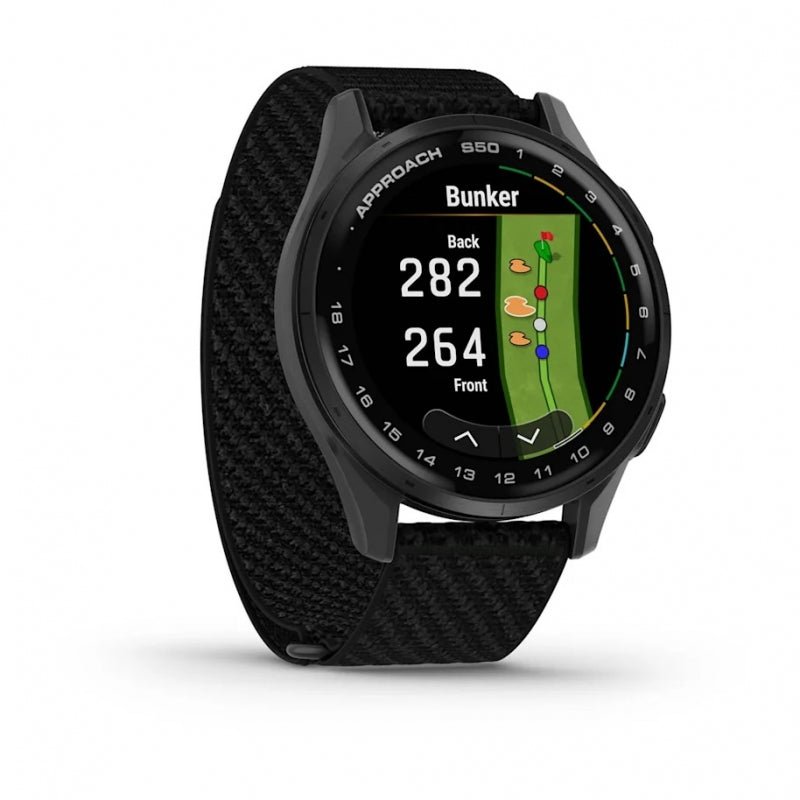 Garmin Approach S50  Aluminiowy bezel w kolorze Slate z czarnym, nylonowym paskiem ComfortFit