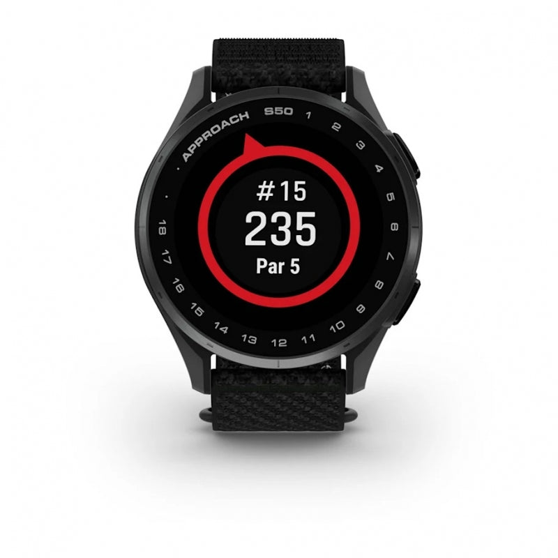 Garmin Approach S50  Aluminiowy bezel w kolorze Slate z czarnym, nylonowym paskiem ComfortFit