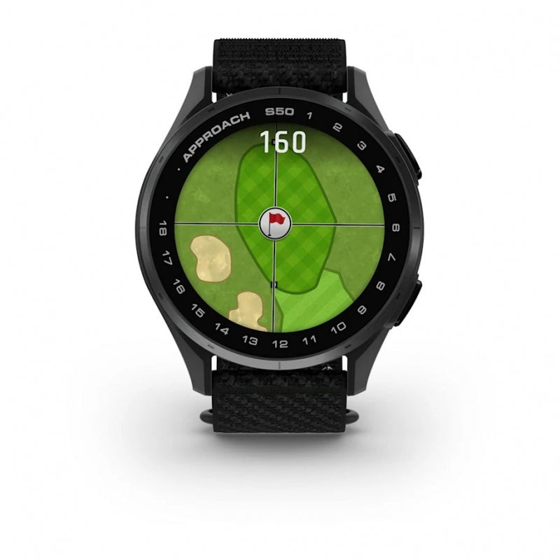 Garmin Approach S50  Aluminiowy bezel w kolorze Slate z czarnym, nylonowym paskiem ComfortFit