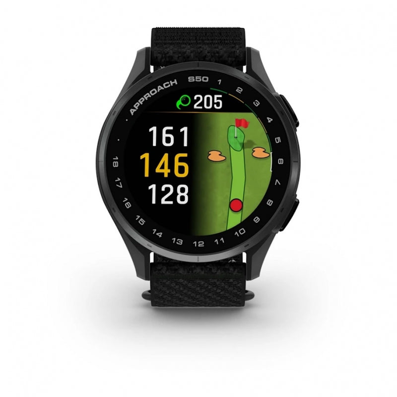 Garmin Approach S50  Aluminiowy bezel w kolorze Slate z czarnym, nylonowym paskiem ComfortFit