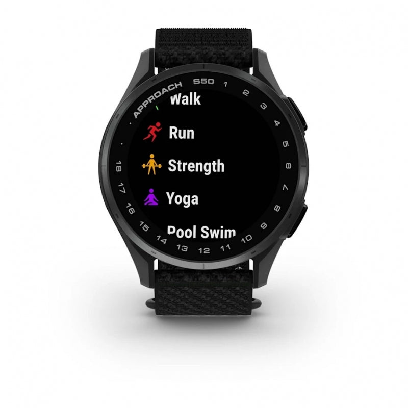 Garmin Approach S50  Aluminiowy bezel w kolorze Slate z czarnym, nylonowym paskiem ComfortFit