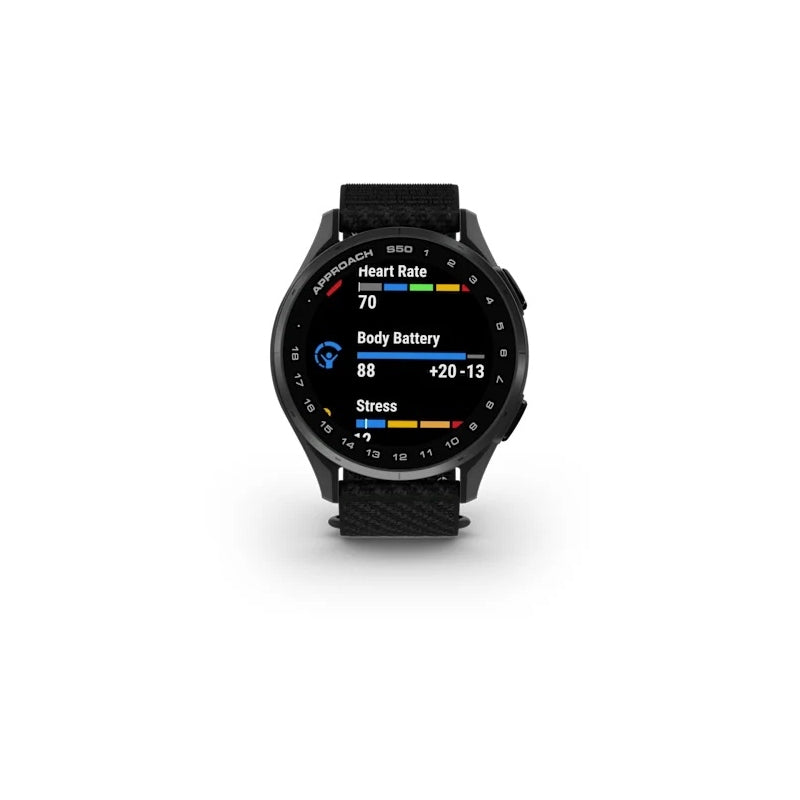 Garmin Approach S50  Aluminiowy bezel w kolorze Slate z czarnym, nylonowym paskiem ComfortFit