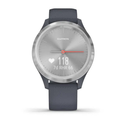 Garmin Vivomove 3S, srebrna ramka ze stali nierdzewnej z granitowo-niebieską kopertą i silikonowym paskiem