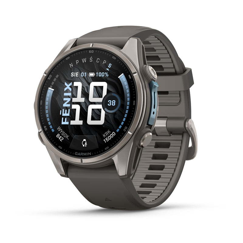 Garmin fēnix 9 – smartwatch, 43 mm, Tytanowy z silikonowym paskiem w kolorze Pebble Gray