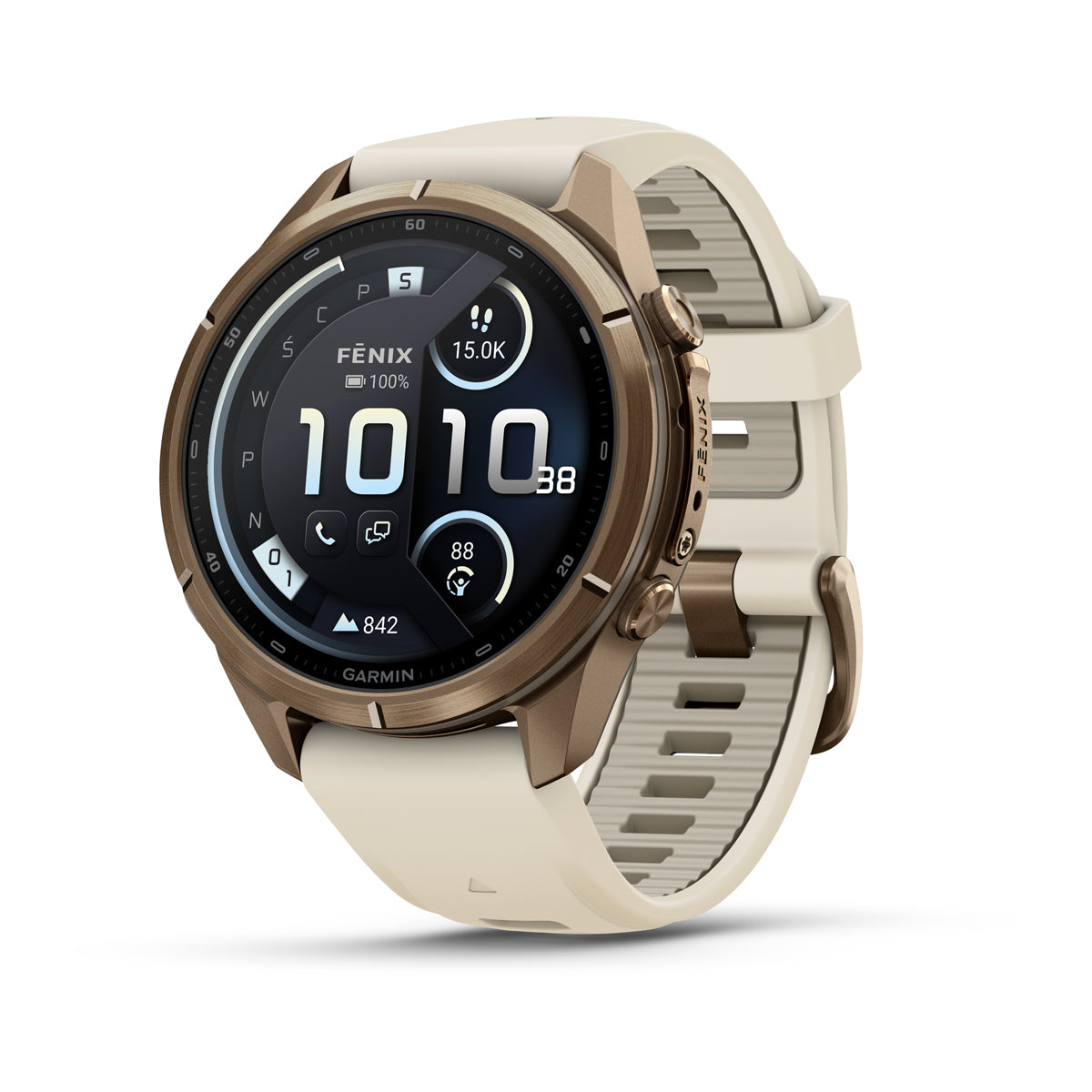 Garmin fēnix 9 Pro – inReach®, 43 mm, Tytanowy w kolorze Autumn Gold z silikonowym paskiem w kolorze Cream / French Gray