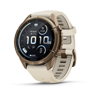 Garmin fēnix 9 Pro – inReach®, 43 mm, Tytanowy w kolorze Autumn Gold z silikonowym paskiem w kolorze Cream / French Gray