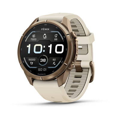 Garmin fēnix® 9 Pro – smartwatch, 43 mm, Tytanowy w kolorze Autumn Gold z silikonowym paskiem w kolorze Cream / French Gray