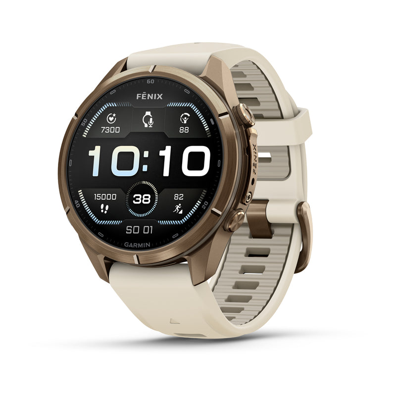 Garmin fēnix® 9 Pro – smartwatch, 43 mm, Tytanowy w kolorze Autumn Gold z silikonowym paskiem w kolorze Cream / French Gray