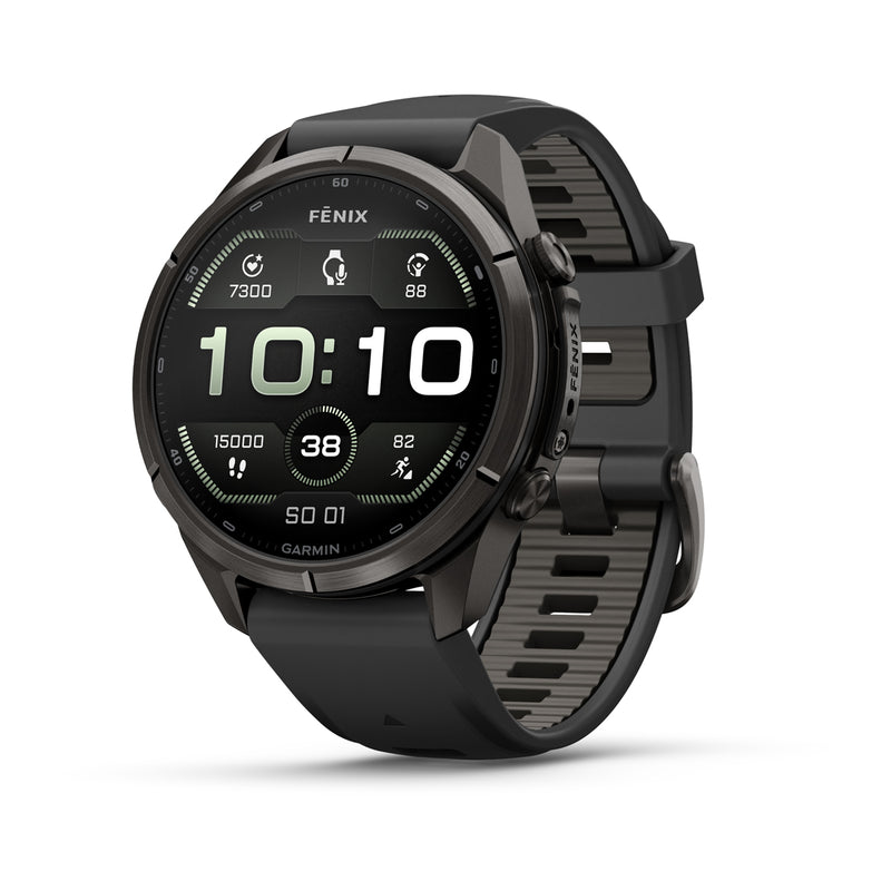 Garmin fēnix 9 Pro – inReach®, 43 mm, Tytanowy w kolorze Carbon Gray z powłoką (DLC) z silikonowym paskiem w kolorze Black / Pebble Gray