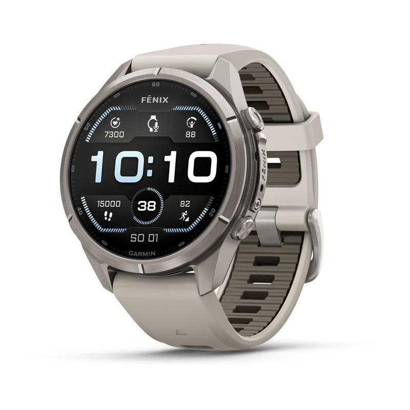 Garmin fēnix® 9 Pro – smartwatch, 43 mm, Tytanowy z silikonowym paskiem w kolorze Fog Gray / Dark Sandstone