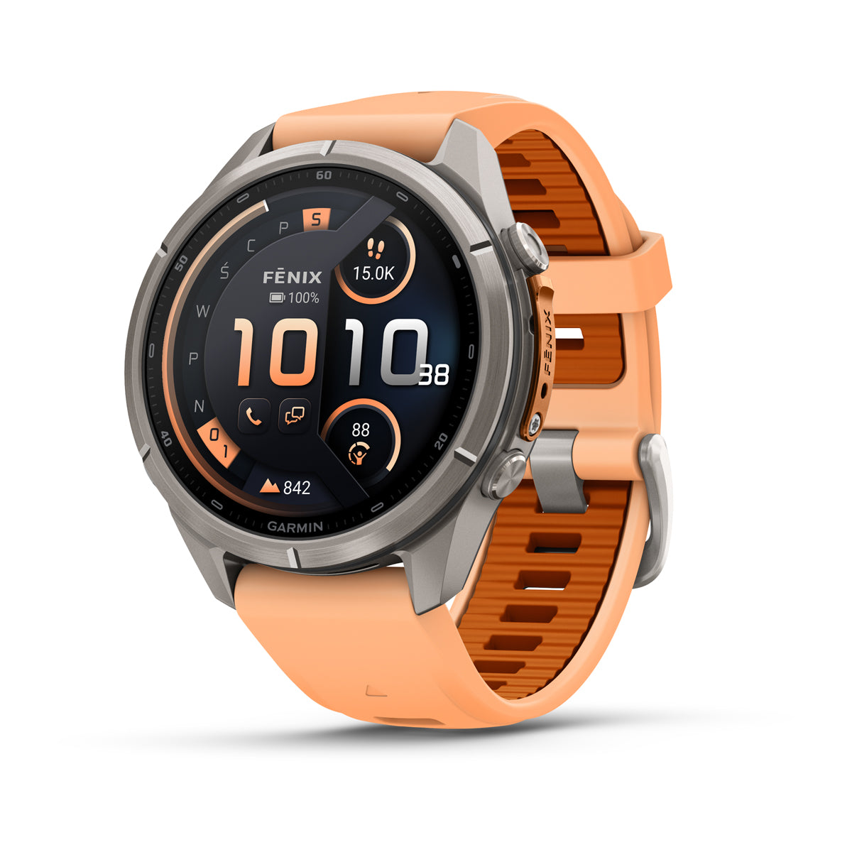 Garmin fēnix 9 Pro – inReach®, 43 mm, Tytanowy z silikonowym paskiem w kolorze Shell Pink / Autumn Orange