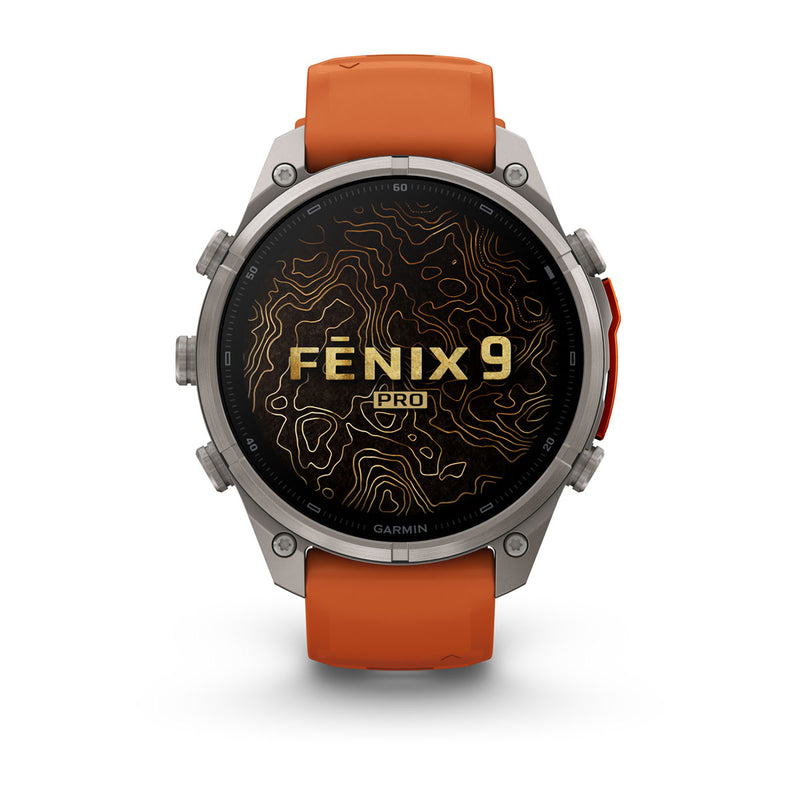 Garmin fēnix 9 Pro – inReach®, 47 mm, Tytanowy z silikonowym paskiem w kolorze Autumn Orange / Spark Orange