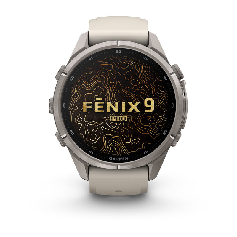 Garmin fēnix 9 Pro – inReach®, 43 mm, Tytanowy z silikonowym paskiem w kolorze Fog Gray / Dark Sandstone