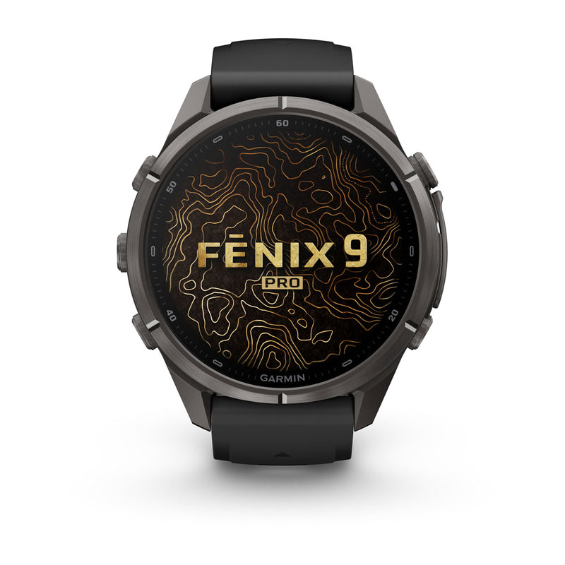 Garmin fēnix 9 Pro – inReach®, 43 mm, Tytanowy w kolorze Carbon Gray z powłoką (DLC) z silikonowym paskiem w kolorze Black / Pebble Gray