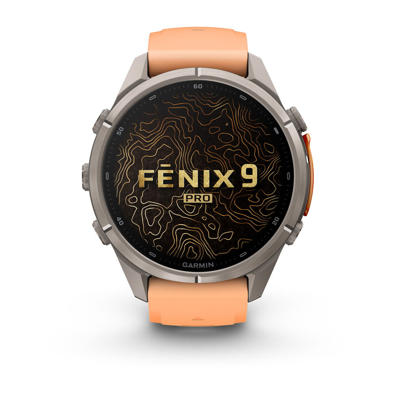 Garmin fēnix 9 Pro – inReach®, 43 mm, Tytanowy z silikonowym paskiem w kolorze Shell Pink / Autumn Orange
