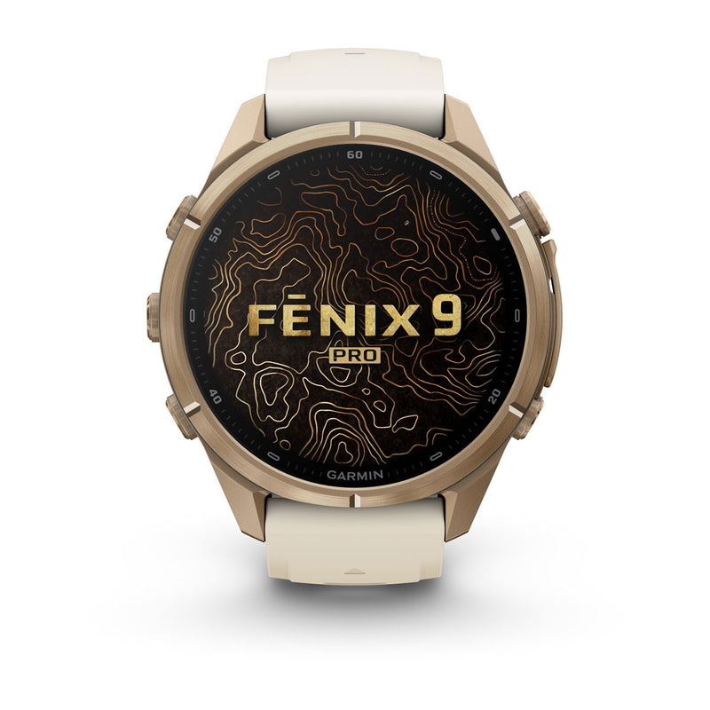 Garmin fēnix® 9 Pro – smartwatch, 43 mm, Tytanowy w kolorze Autumn Gold z silikonowym paskiem w kolorze Cream / French Gray