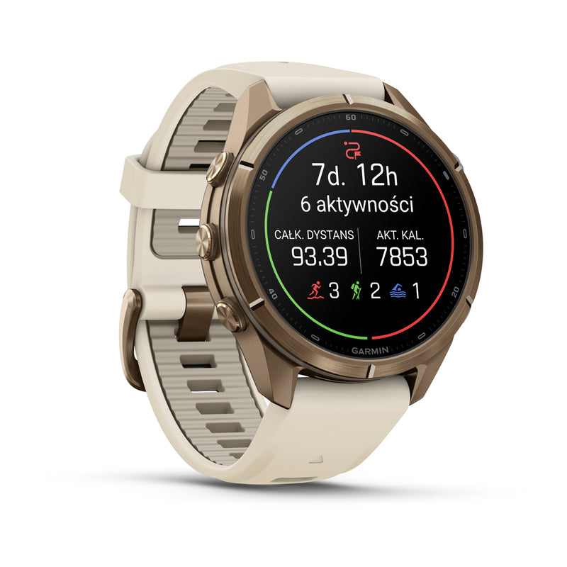 Garmin fēnix® 9 Pro – smartwatch, 43 mm, Tytanowy w kolorze Autumn Gold z silikonowym paskiem w kolorze Cream / French Gray