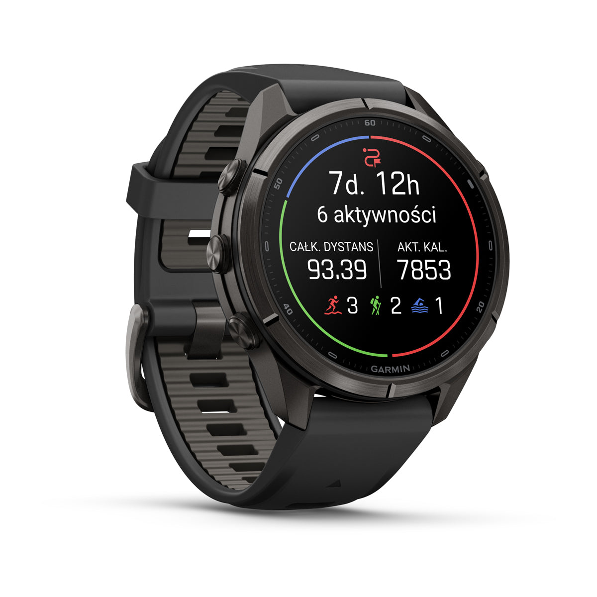 Garmin fēnix 9 Pro – inReach®, 43 mm, Tytanowy w kolorze Carbon Gray z powłoką (DLC) z silikonowym paskiem w kolorze Black / Pebble Gray
