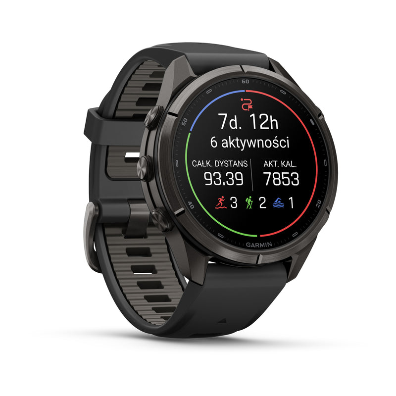 Garmin fēnix 9 Pro – inReach®, 43 mm, Tytanowy w kolorze Carbon Gray z powłoką (DLC) z silikonowym paskiem w kolorze Black / Pebble Gray