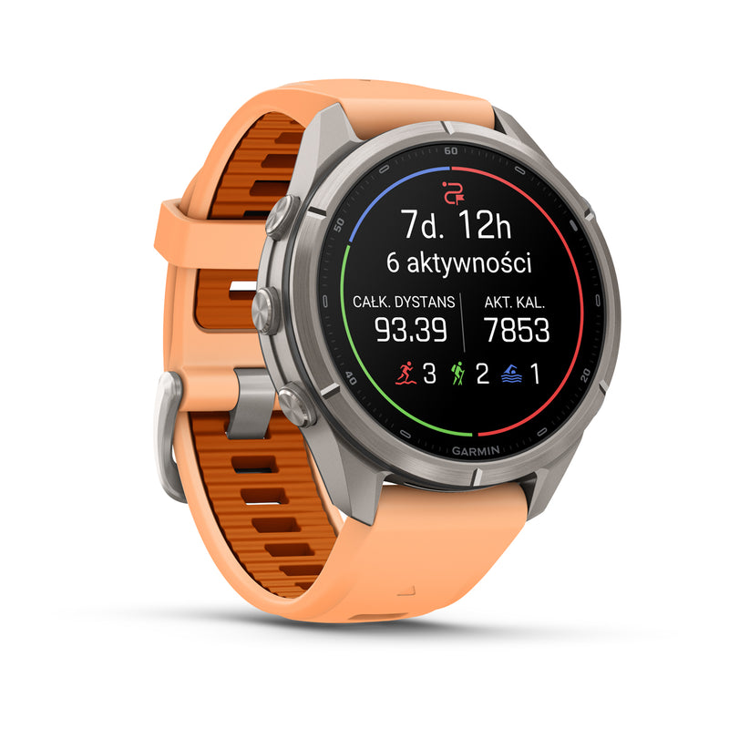 Garmin fēnix 9 Pro – inReach®, 43 mm, Tytanowy z silikonowym paskiem w kolorze Shell Pink / Autumn Orange