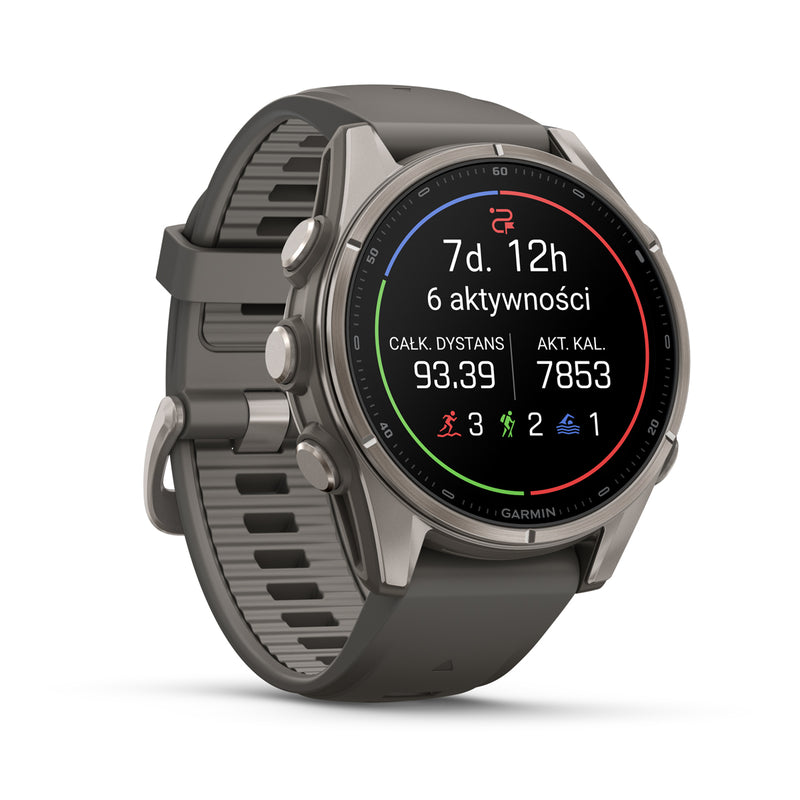 Garmin fēnix 9 – smartwatch, 43 mm, Tytanowy z silikonowym paskiem w kolorze Pebble Gray