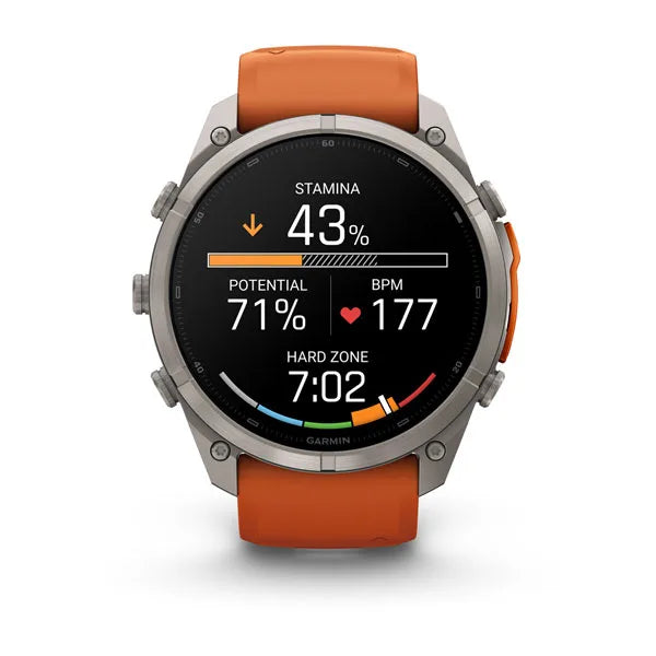 Garmin fēnix 9 Pro – inReach®, 51 mm, Tytanowy z silikonowym paskiem w kolorze Autumn Orange / Spark Orange