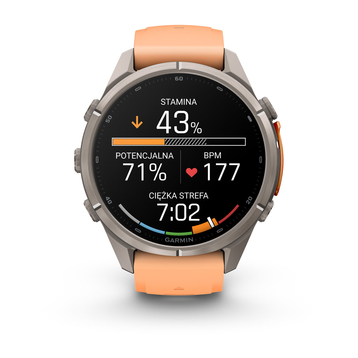Garmin fēnix 9 Pro – inReach®, 43 mm, Tytanowy z silikonowym paskiem w kolorze Shell Pink / Autumn Orange