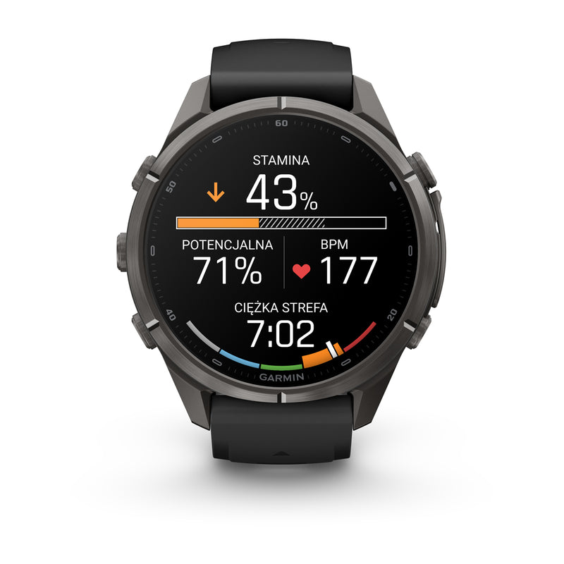 Garmin fēnix 9 Pro – inReach®, 43 mm, Tytanowy w kolorze Carbon Gray z powłoką (DLC) z silikonowym paskiem w kolorze Black / Pebble Gray