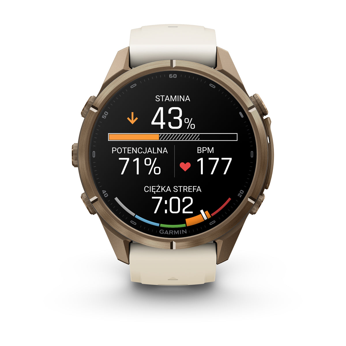 Garmin fēnix 9 Pro – inReach®, 43 mm, Tytanowy w kolorze Autumn Gold z silikonowym paskiem w kolorze Cream / French Gray