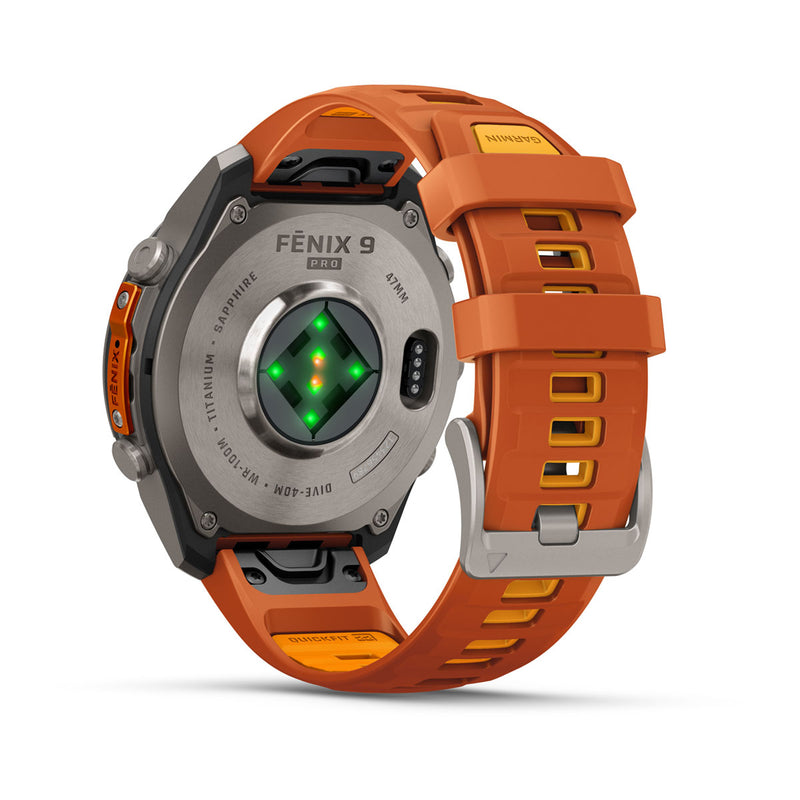 Garmin fēnix 9 Pro – inReach®, 47 mm, Tytanowy z silikonowym paskiem w kolorze Autumn Orange / Spark Orange