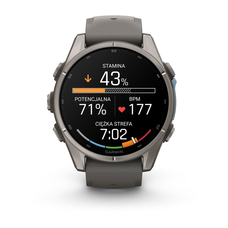 Garmin fēnix 9 – smartwatch, 43 mm, Tytanowy z silikonowym paskiem w kolorze Pebble Gray